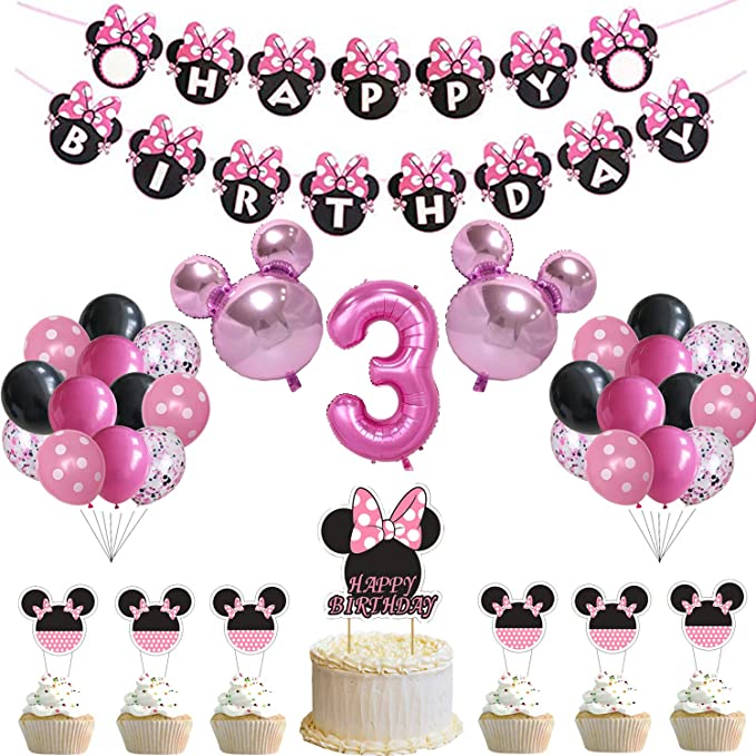 49 Pcs Minnie Party decorations Supplies For 3rd Baby Girl Minnie Theme Birthday Party decorations Supplies for Kids (3rd)