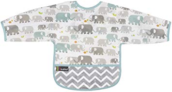 Kushies Cleanbib Waterproof Feeding Bib with Sleeves and Catch All/Crumb Catcher pocket. Wipe clean and reuse! Lightweight for comfort, Baby Boys and Girls, Unisex, 12-24 Months, White Elephants