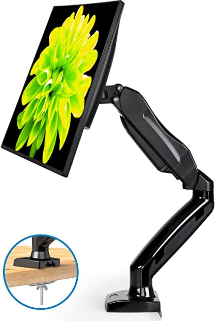 Single Monitor Stand - Height Adjustable Monitor Mount Desk Stand Fit 17 to 27 Inch Screens, Gas Spring Arm Holds 4.4 to 14.3lbs with Clamp, Grommet Mounting Base