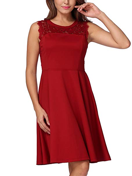 Mixfeer Women's A-Line Sleeveless Dress Lace Round Neck Pleated Cocktail Evening Party Dress