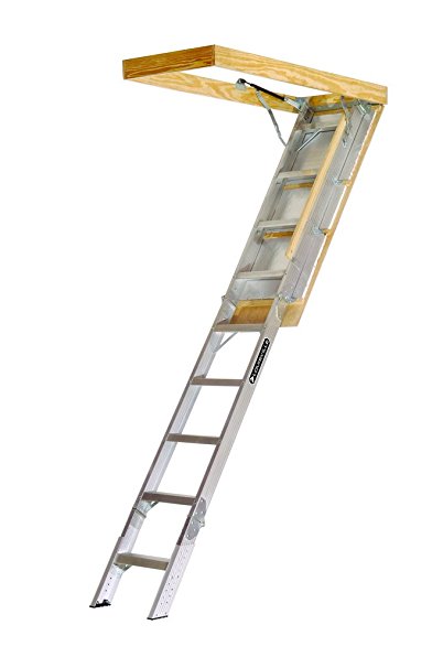 Louisville Ladder AA259GS Elite Aluminum Attic Ladder 350 Pound Capacity 25.5-Inch by 54-Inch Opening Ceiling Height 7-Foot-9-Inches to 10-Foot