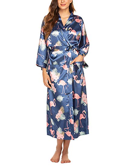 FINEJO Womens Silk Robe Long V Neck Labor and Floral Print Kimono Robe with Pockets Sleepshirts for Women S-XXL