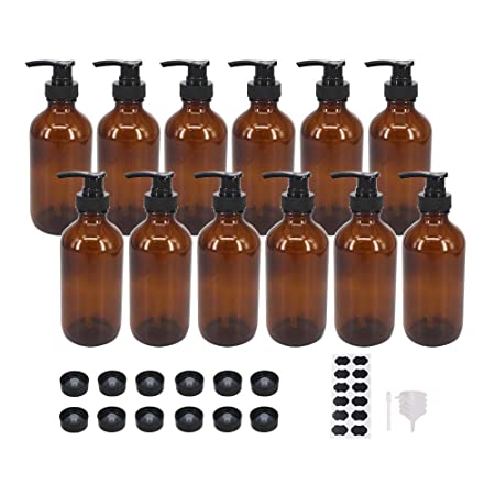 BPFY 12 Pack 8 oz Amber Glass Bottles with Pumps for Essential Oils, Cleaning Products, Lotions, Aromatherapy Oil, Pump Bottles, Refillable Containers With Cap, Funnel, 12 Chalk Labels, 1 Pen