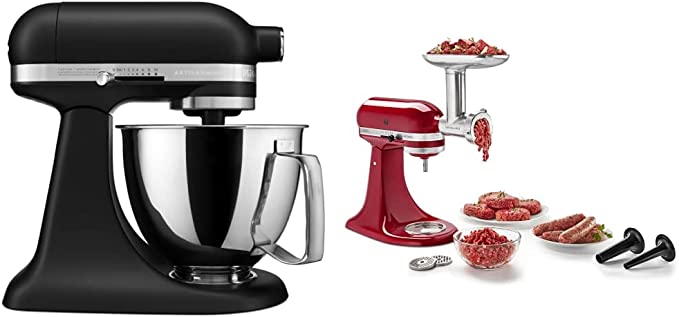 Kitchenaid Artisan Mini Plus 3.5-Qt. Tilt-Head Stand Mixer with Flex Edge Beater & KSMMGA Metal Food Grinder Attachment, Silver