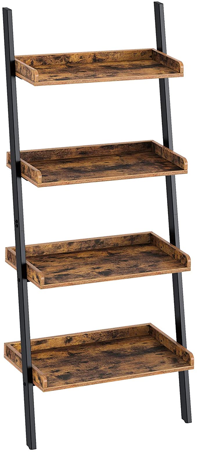 Rolanstar Ladder Bookshelf with Wooden Edge 4-Tier, Wooden Bookshelf with Stable Metal Frame,Utility Storage Rack Shelves, Plant Flower Shelves for Living Room,Office Kitchen,Rustic Brown