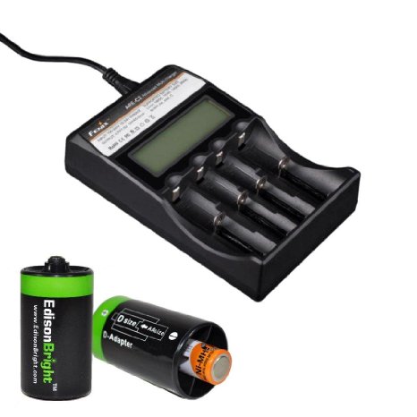 Fenix ARE-C2 four bays Li-ion/ Ni-MH advanced universal smart battery charger with Two Edisonbright AA-&gt;D battery spacer shells