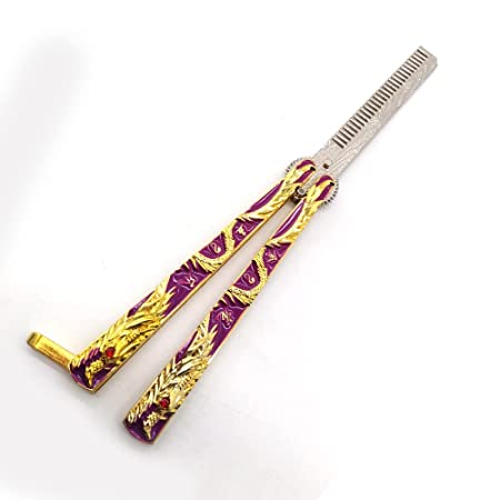 WANLIAN Dragon Butterfly Comb Trainer-Balisong Comb,Butterfly Comb Stainless Steel Folding Training Practice Combs Hair Styling Tools for Sport Outdoor Use (Purple gold dragon)