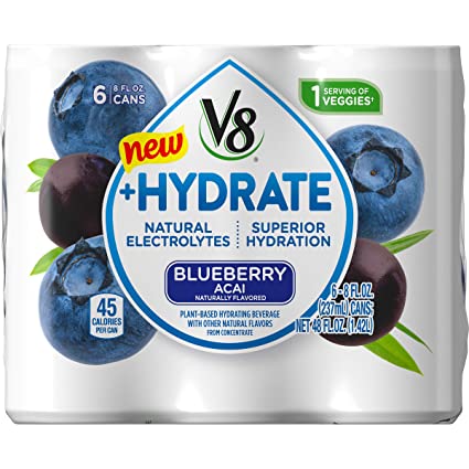 V8  Hydrate Plant-Based Hydrating Beverage, Blueberry Acai, 8 oz. Can, 6 Count