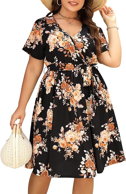 Nemidor Womens Casual Plus Size Summer Boho Swing Wrap Dress Floral Print with Pockets NEM295