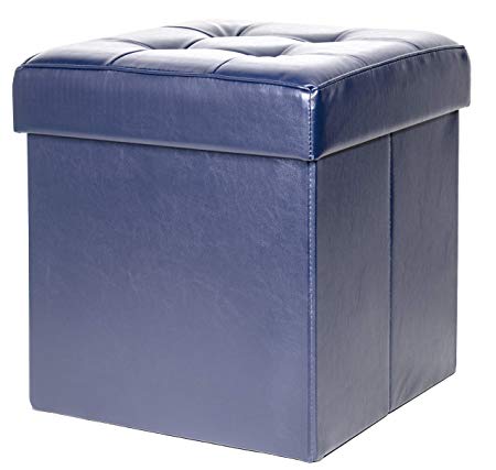 Red Co. Faux Leather Navy Square Luxury Storage Ottoman with Padded Seat, Upholstered Collapsible Folding Bench & Foot Rest, 15 Inches