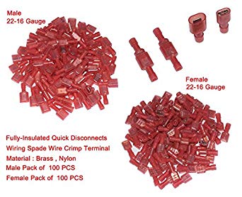Cofufu 200 Pcs 22-16 Gauge Red Nylon Female and Male Fully-Insulated Quick Disconnects Wiring Spade Wire Crimp Terminal (Female 100Pcs, Male 100Pcs)