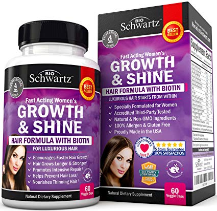 Hair Growth Vitamins with Biotin. Exclusive Hair Growth Product for Women for Longer, Stronger, Silky & Soft Hair. Visible results in 1 Month. Gluten Free Non-GMO Vitamins for Hair Growth Made in USA