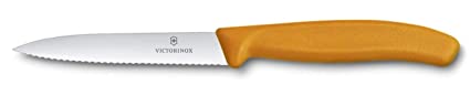 Victorinox Kitchen Knife, Stainless Steel Swiss Made Vegetable Cutting and Chopping Knife, Serrated Edge, 10 cm, Orange