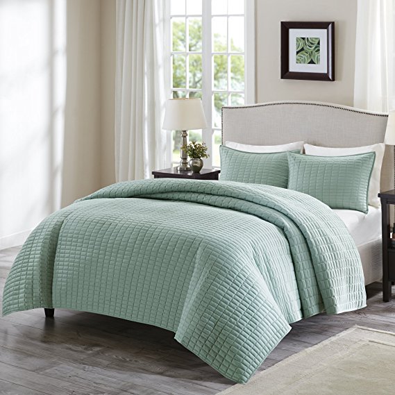 Comfort Spaces - Kienna Quilt Mini Set - 3 Piece - Seafoam - Stitched Quilt Pattern - Full / Queen size, includes 1 Quilt, 2 Shams