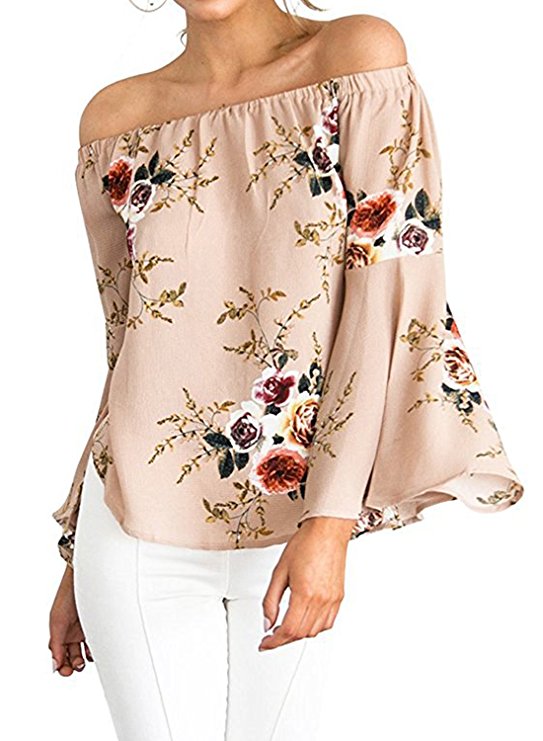 ZESICA Women's Casual Floral Off the Shoulder Bell Sleeve Chiffon Blouse Shirt Tops