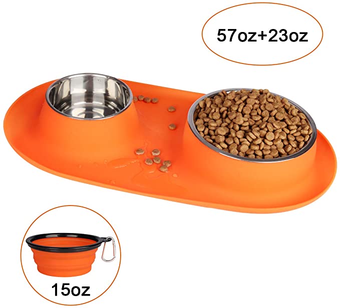 Dog Bowls Stainless Steel, 95 oz, Collapsible Dog Bowl with No Spill Non-Skid Silicone Mat Set, Three Feeder Food Water Bowl for Small Large Dogs, Puppies, Cats and Pets, Pack of 3