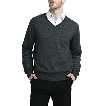 CHAUDER Men’s Cashmere Wool Blend Relaxed Fit V-Neck Sweater Pullover