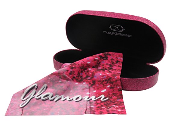 Glitter Sunglass Case and Sparkle Eyeglass Case - Protects Glasses of Medium To Large Frames size Finish with Trendy Hollywood Glamour Microfiber Cloth