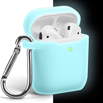 AirPods Case [Front LED Visible], GMYLE Silicone Protective Shockproof Case Cover Skin with Keychain for Apple AirPods 1 & 2, Night Glow Neon Blue