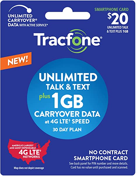 Tracfone $20 Unlimited Talk, Text, 1GB Data - 30 Day Smartphone Plan