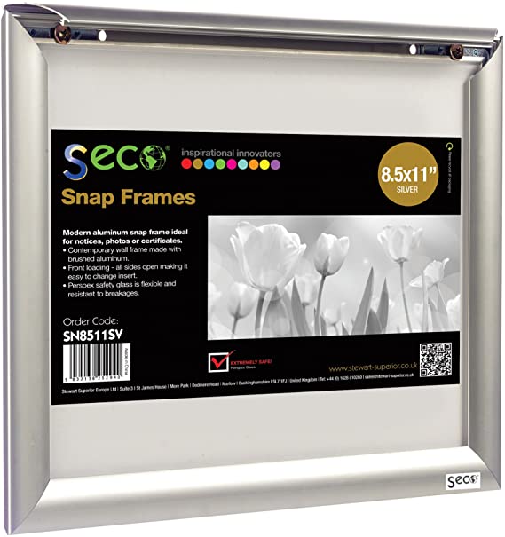 SECO Snap Frame Front Load Easy Open Poster Frame 8.5 X 11-Inch, Silver Anodized Frame (Sn8511)