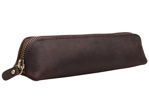 Iblue Vintage Leather Zipper Pen Pencil Pouch Case Holder Bag #P-1 (brown)