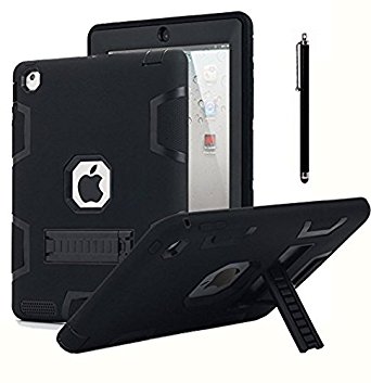 iPad 2 Case,iPad 3 Case,iPad 4 Case, AICase Kickstand Shockproof Heavy Duty Rubber High Impact Resistant Rugged Hybrid Three Layer Armor Protective Case with Stylus for iPad 2/3/4 (Black)