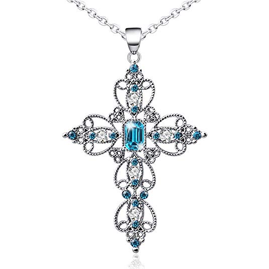 YEDUO Silver Cross Faith Pendant Necklace Crystal Heart Christian Religous Jewelry for Women Girls Stainless Steel Chain 18" with 2" Extension