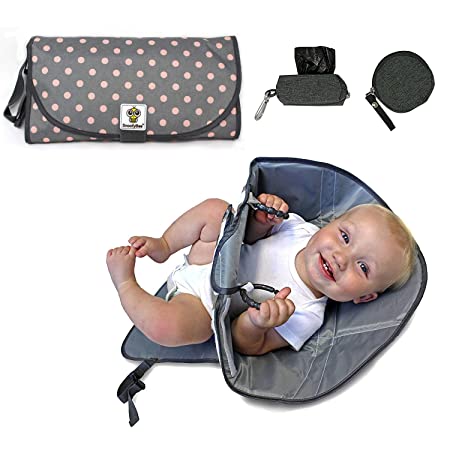 SnoofyBee Portable Clean Hands Changing Pad Bundle Set Changing Station with Redirection Barrier for use with Infants Babies Toddlers with Baggy Dispenser and Pacifier pod (Grey with Pink dots)
