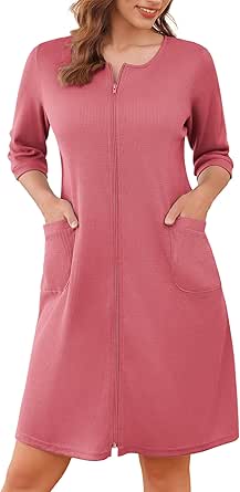 Ekouaer Zip Up Robes for Women Short Waffle Bathrobe Lightweight Knee Length Housecoat with Pockets Nightgown S-3XL