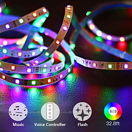 Tenmiro Led Strip Lights, 32.8ft Trichromatic RGB Sync to Music Color Changing Light Strips,12V 600 Unit SMD 3528 LED,Flexible Non-Waterproof Tape Light,Decoration for Living Room Bedroom Bar,Party