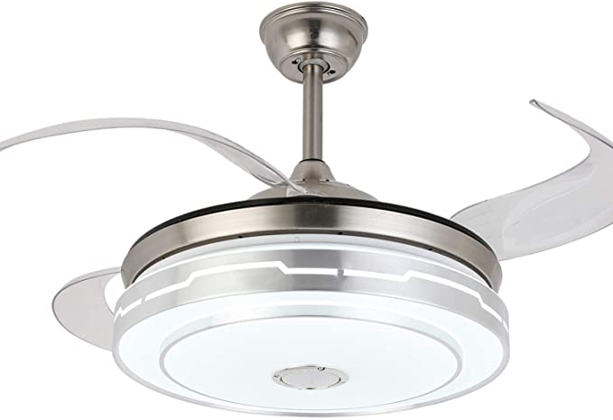 Retractable Ceiling Fan with Light and Bluetooth Speaker, LED Bluetooth Ceiling Fan with Light 7 Color Lighting 42 Inch (Silver)