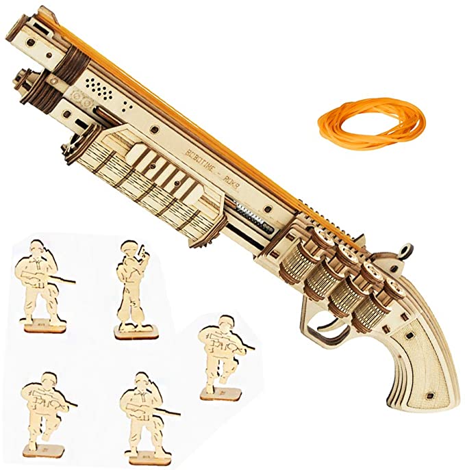 ROKR 3D Wooden Puzzle Self Assemble Game Toys Mechanical Gun Model with Villains Targets & Rubber Bands Bullets for Teens, Adults