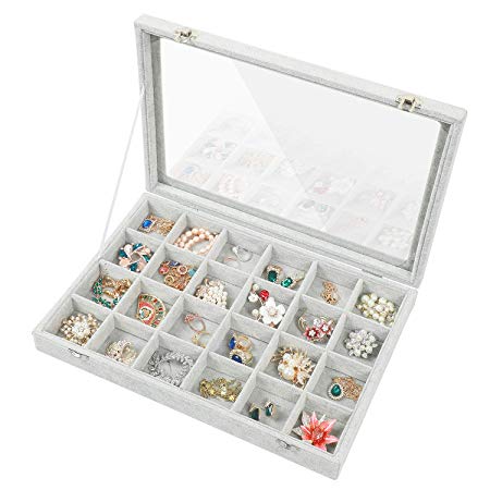 Stylifing Clear Lid Velvet 24 Grid Jewelry Tray Stackable Display Showcase Lockable Organizer Box for Girls Women