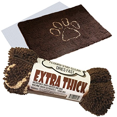 Dog "Extra Thick" Micro Fiber Door Mat - Super Absorbent. FREE "Water Proof Liner - Extra Floor Protection" - Medium Size 32" X 19" Exclusive by iPrimio - Brown Color