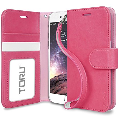 iPhone 6S Case, TORU [Prestizio iPhone 6S Wallet Case] Card Slot Holder Foldable Flip Cover with Kickstand and Wrist Strap for iPhone 6S / iPhone 6 - Hot Pink