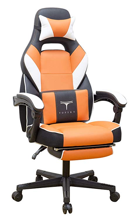 TOPSKY High Back Racing Style PU Leather Executive Computer Gaming Office Chair Ergonomic Reclining Design with Lumbar Cushion Footrest and Headrest (New Black&Orange)