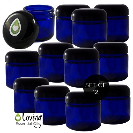 Blue Jars: 2 Oz Glass Jars with Lids - Best Small Containers for Salve, Cream, Diy Beauty, Essential Oils, Lotion, Apothecary, Body Butter & Sugar Scrub. Cobalt Blue Jar with Screw on Lid (12 jars)