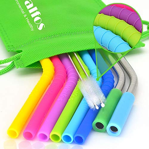 WALFOS Food Grade Silicone Reusable Straws for 30 oz and 20 oz Tumbler & Stainless Steel Straws Bundle - 6 Silicone Straws for Yeti/Rtic/Ozark   2 Stainless Steel Straws   2 Brushes   1 Pouch