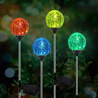 Crackle Glass Solar Lights, OxyLED 4 Pack Solar Stake Lights Outdoor Garden Colour Changing Crackle Glass Globe Lights Solar Stake Lights Stainless Steel Solar Lights Outdoor Garden