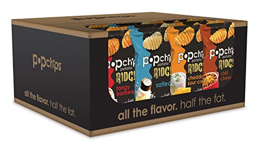 Popchips Ridged Potato Chips, Variety Pack, 24 Count (single serve 0.8 oz bags), 4 Flavors: Salt, BBQ, Cheddar & Sour Cream, Chili Cheese