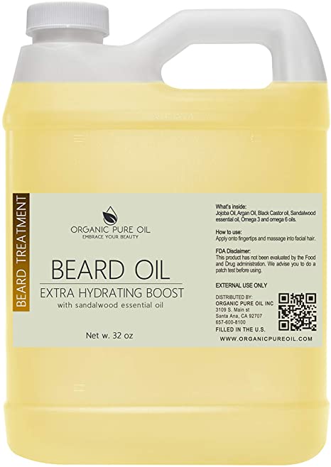 Sandalwood Beard Oil - 100% Natural, Organic Sourced, Non-GMO, Facial Hair Hydrating & Conditioning Oil Blend - 32 oz - Bulk Sized, Promoting Growth and Silky Smooth Hair - Jojoba, Argan & More!