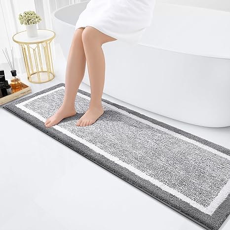 OLANLY Bathroom Rugs 59x20, Extra Soft and Absorbent Microfiber Bath Mat, Non-Slip, Machine Washable, Quick Dry Shaggy Bath Carpet, Suitable for Bathroom Floor, Tub, Shower (Grey and White)