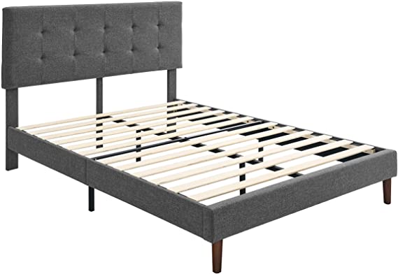 AmazonBasics Faux-Linen Upholstered Square Stitched Platform Bed - Mattress Foundation - Easy Assembly - Strong Wood Slat Support-Dark Grey, King