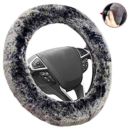 Plush Steering Wheel Cover - Non-slip Soft Fuzzy Fluffy Cover Double Protection Keep Warm in Winter 15" by Big Ant(Gray-black)