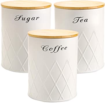 Fasmov 3 Pack Kitchen Canister Set, Coffee, Sugar, and Tea Storage Container Jars with Bamboo Lids for storing Sugar, Coffee and Tea, Beige