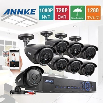 Annke 8CH 720P Surveillance DVR System w 8HD 1280720P CCTV Bullet Cameras IndoorOutdoor IP66 Weatherproof Metal Housing 42 Infrared LEDs with 110ft Super Night Vision NO HDD