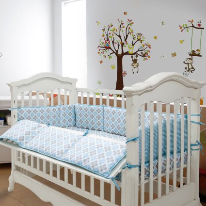 TillYou Cotton Sateen Crib Bumper, Breathable Fill-in(Microfiber) and Nice Quality-Blue Stripe Petal