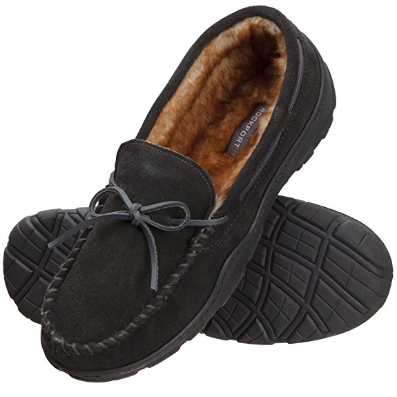 Rockport Men's Memory Foam Plush Suede Slip On Indoor/Outdoor Moccasin Slipper Shoe