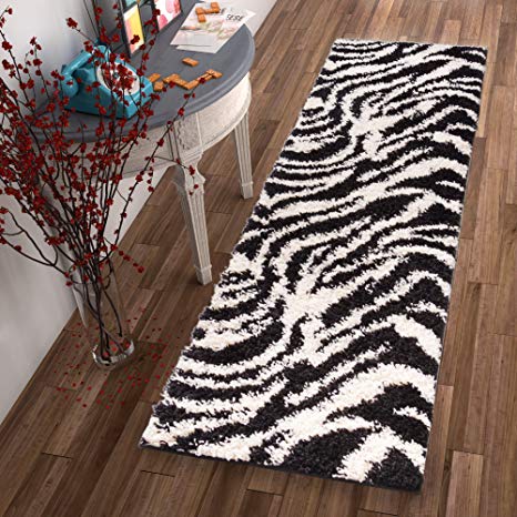 Modern Animal Print 2x7 (2'' x 7'3'' Runner) Area Rug Shag Zebra Black& Ivory Plush Easy Care Thick Soft Plush Living Room